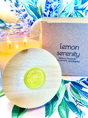 Lemon Serenity 2 Wick Essential Oil Candle – bright lemon, lavender, eucalyptus, and peppermint in a natural coconut & beeswax blend, hand-poured. Cellar Door Candles