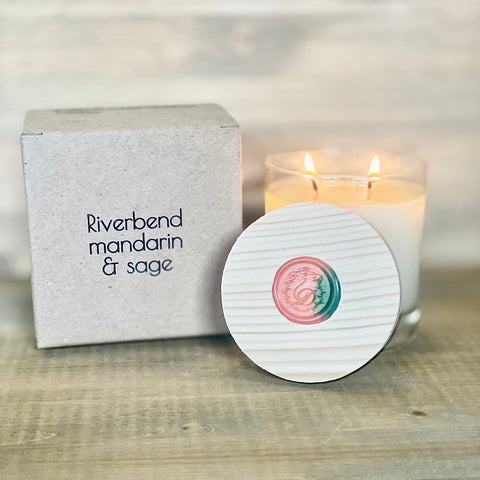 Riverbend Mandarin + Sage 2 Wick Candle by Cellar Door Candles, hand-poured with a natural coconut and beeswax blend and scented with 100% pure essential oils.