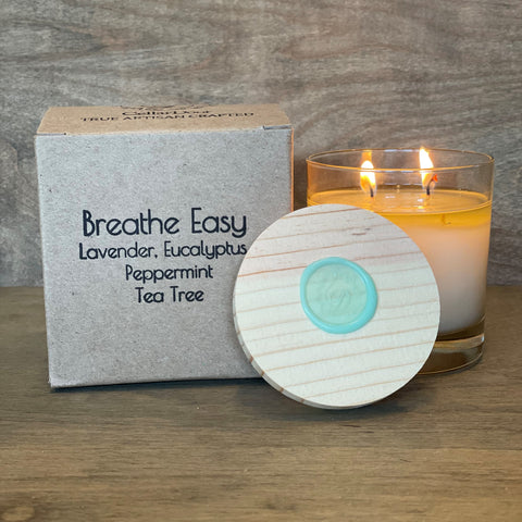 breathe easy 2 wick glass candle made with lavender, eucalyptus, tea tree and peppermint essential oils.
