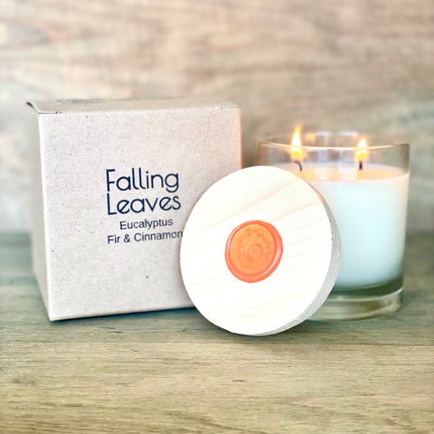 Falling Leaves 2 Wick Candle – natural coconut and beeswax candle infused with cinnamon, eucalyptus, and fir tree essential oils, hand-poured in glass jar