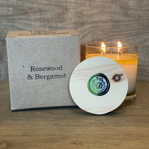 Rosewood & Bergamot 100% Essential Oil Candle -  2 wick pure coconut and beeswax hand poured and crafted by Cellar Door Candles