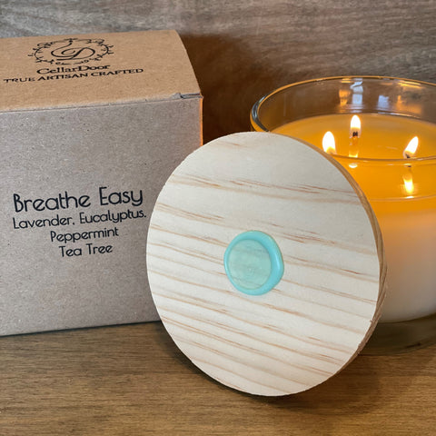 Made in the USA by Cellar Door Candles, the Breathe Easy essential oil candle features lavender, eucalyptus, peppermint, and tea tree oils in a base of coconut and beeswax. Non-toxic, healthy, clean burning, best candle. Cellar door candles