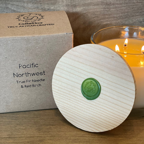 Pacific Northwest essential oil candle made with healthy, non-toxic ingredients and has a clean burn. Safe, best candle handmade in the USA by Cellar Door Candles using only essential oils, coconut wax, beeswax, and a pure cotton wick dipped in beeswax